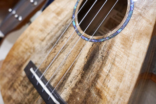 Close-up of a ukulele with a focus on the abalone shell around the sound hole